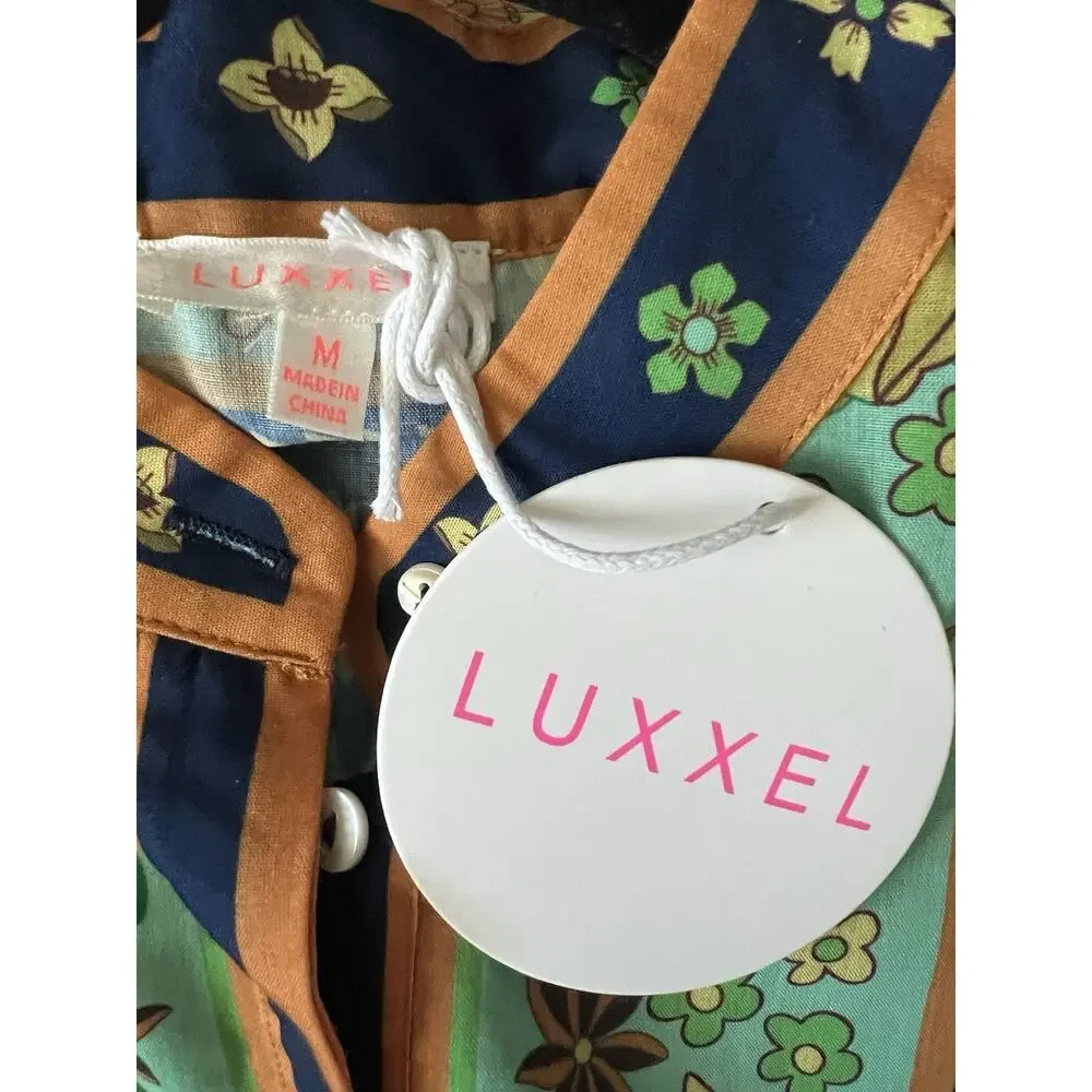 LUXXEL Navy Floral Puff Sleeve Button Front Tiered Maxi Dress Sz M NWT - Picture 12 of 16